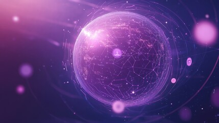 Connected world illustration, diverse avatar circles, orbital social paths, dimensional planet rendering, floating interaction symbols, soft purple environment, modern network visualization, global