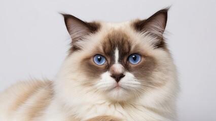 Portrait of Chocolate point ragdoll cat on grey background