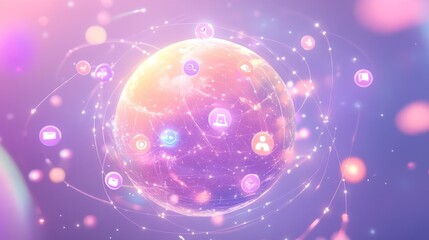 Digital earth social sphere, revolving connection design, floating profile circles, dimensional planet modeling, interaction emoji elements, modern networking concept, gentle purple backdrop, orbital
