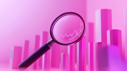 Data analysis concept with detailed magnifying tool, ascending purple statistical bars, light pink trend arrow, textured black handle design, rose pink backdrop, professional corporate style,