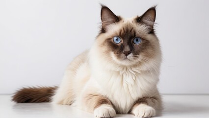 Portrait of Chocolate point ragdoll cat on grey background