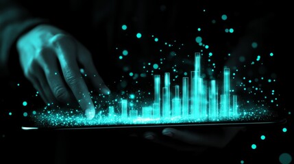 Digital holographic bar chart floating above dark tablet surface, glowing cyan data visualization, business hand holding stylus interacting with luminous graph, scattered light particles in space,
