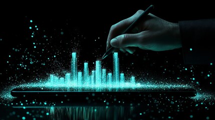 Digital holographic bar chart floating above dark tablet surface, glowing cyan data visualization, business hand holding stylus interacting with luminous graph, scattered light particles in space,