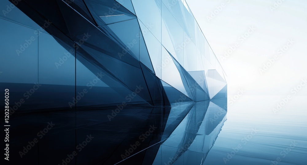 Poster abstract geometric reflection in glassy water surface with soft lighting, capturing the essence of m