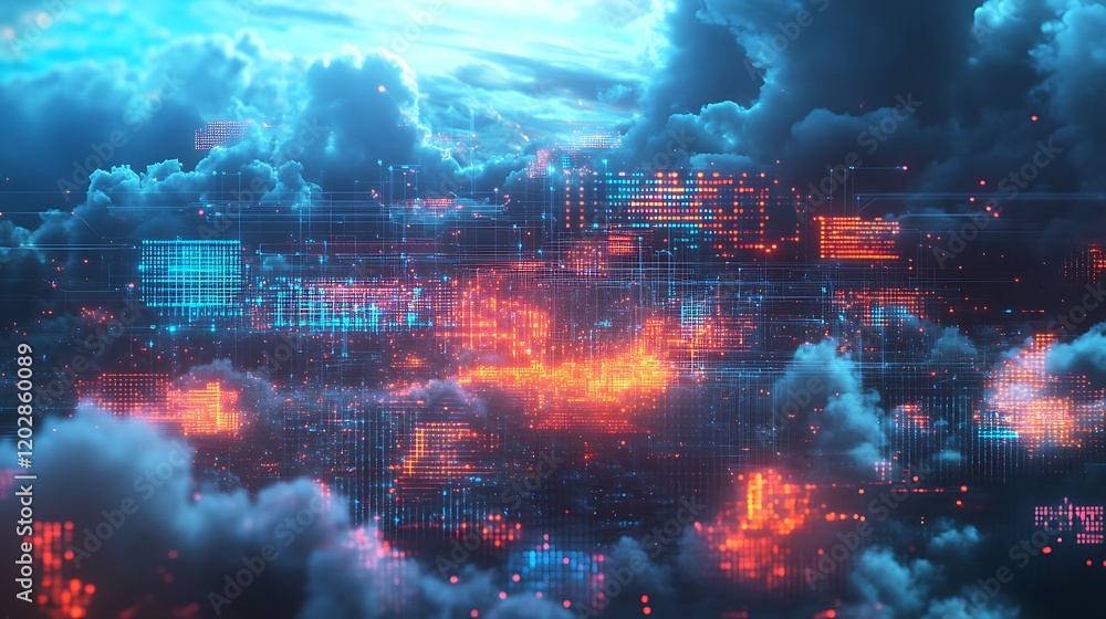 Poster abstract digital art depicting a futuristic cloudscape with glowing code data streams.