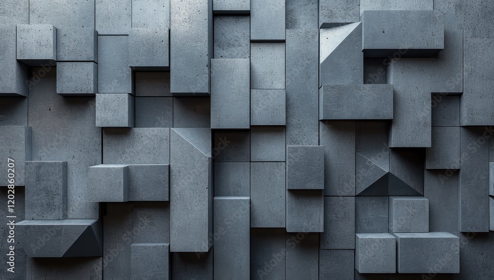Poster abstract geometric structure of gray concrete blocks forming a unique pattern with varying shapes, t