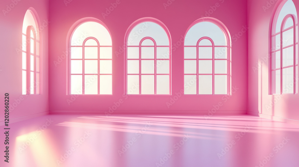 Poster 3d render of a dance studio with three large windows in soft pastel colors, sunlight shining through