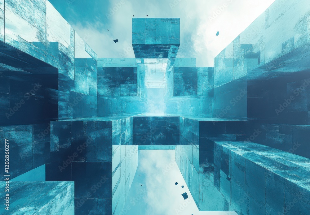 Poster abstract geometric structures suspended in mid-air create a surreal and futuristic environment with 