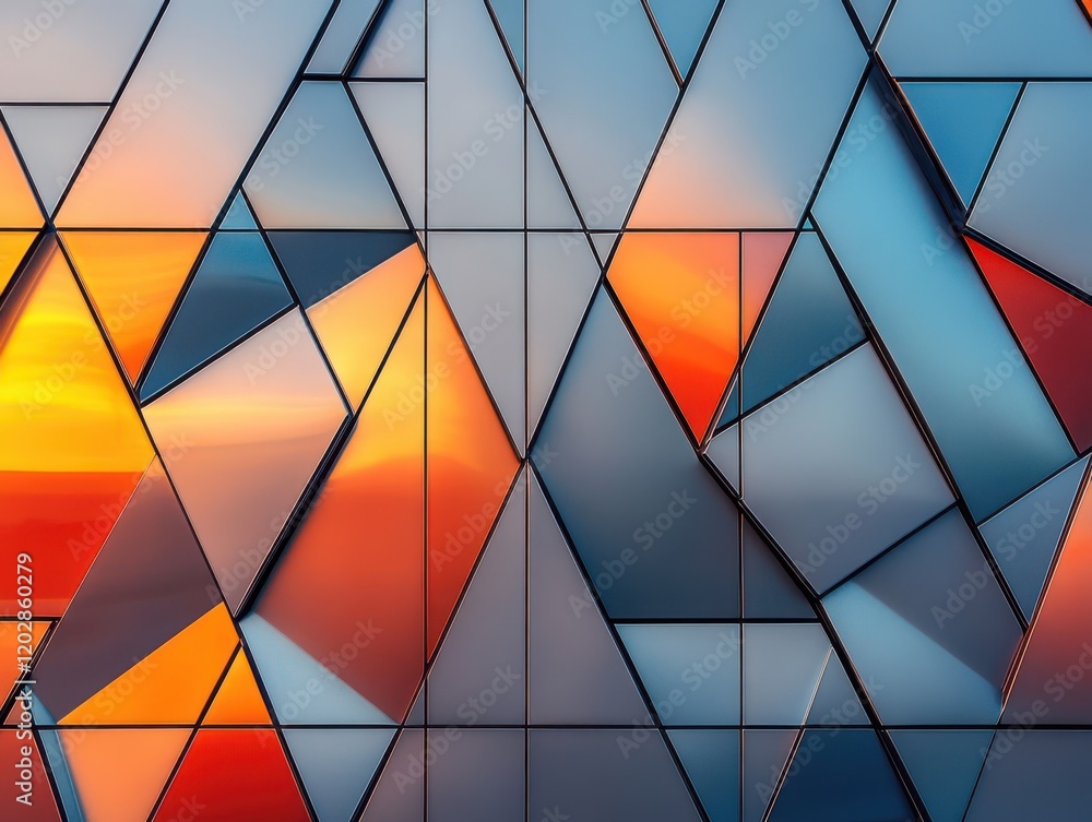 Poster abstract geometric wall design with colorful reflections of sunset in angular glass panels featuring