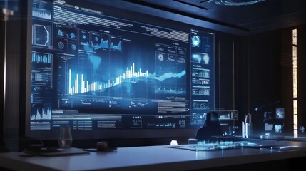 Fototapeta premium interactive analytics dashboard projection, floating digital interface, multicolored metric bars, white analytics line, blue atmospheric lighting, modern workspace setting, professional hand