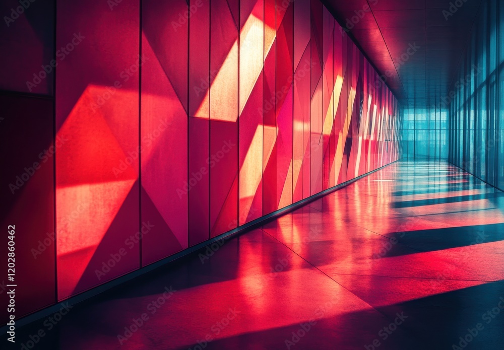 Aufkleber abstract interior design featuring vibrant red and blue walls illuminated by sunlight, creating dyna