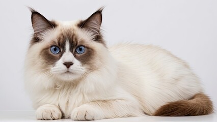 Portrait of Chocolate point ragdoll cat on grey background