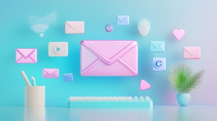 marketing automation illustration, 3d email inbox display, geometric icons arrangement, floating ui elements, minimalist color palette, desktop workspace setup, plant accessory, soft lighting, modern