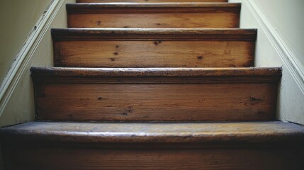Ascending old wooden staircase in house, blurred walls © arsyi_06