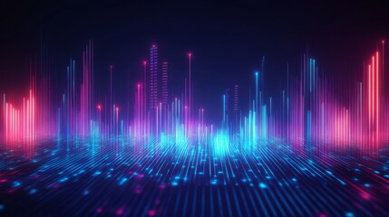 digital data visualization, vertical glowing lines pattern, neon cyan to blue gradient bars, dark navy background, dynamic height variations, electronic pulse aesthetic, futuristic tech pattern,