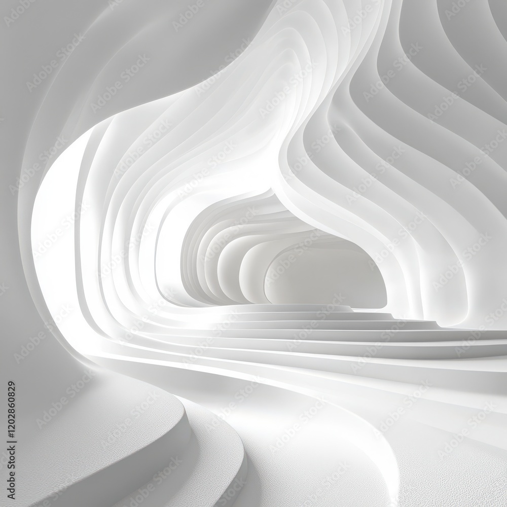 Poster abstract minimalist interior with curved walls and smooth surfaces in soft white tones, creating a d