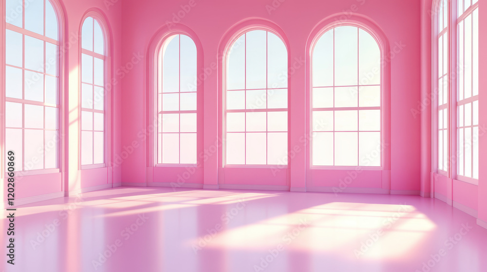 Poster 3d render of a dance studio with three large windows in soft pastel colors, sunlight shining through