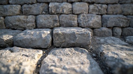 Ancient stone steps and wall in ruins, background blurred
