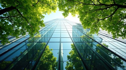 Modern Glass Building Reflecting Green Trees in an Urban Perspective View