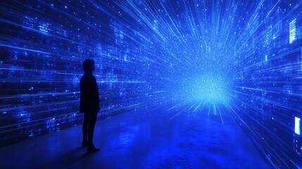 human figure contemplating digital infinity, glowing blue data wall, converging light streams, dramatic shadow contrast, immersive tech environment, radial perspective design, volumetric light rays,