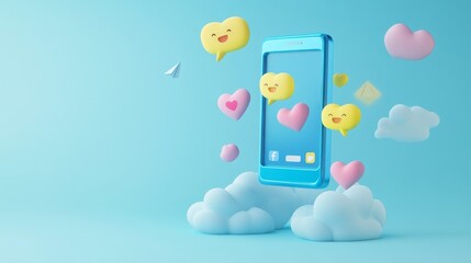 3d floating smartphone with blue metallic frame, pastel blue gradient background, playful social media chat bubbles, pink heart reactions floating, smiling yellow emoji characters, fluffy white
