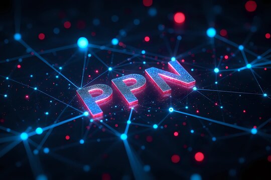 Hologram text PPN and glowing dots with hologram polygonal lines connected in dark working office and copy space for text