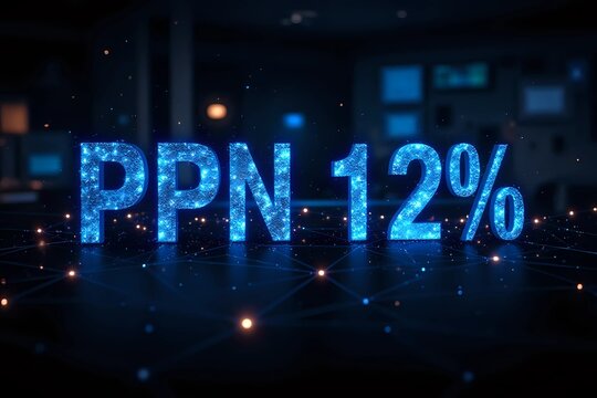 Hologram text PPN 12% and glowing dots with hologram polygonal lines connected in dark working office and copy space for text