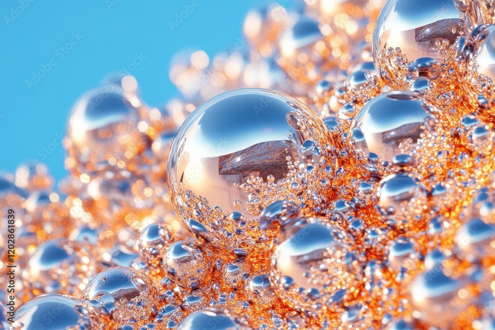Poster macro shot of shiny soap bubbles and water droplets abstracting colorful background with reflections