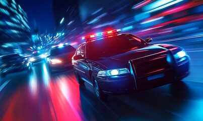 Naklejka premium high speed police cars chase - motion blurred cars at night and Blurred Background