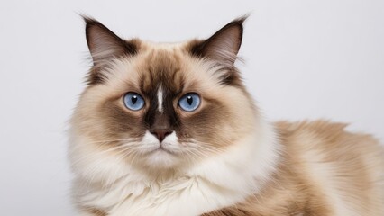 Portrait of Chocolate point ragdoll cat on grey background
