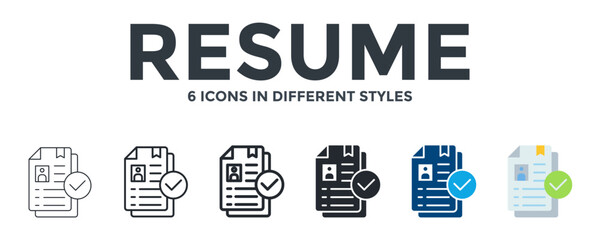 Resume Icon In Different Style Vector Illustration. Designed In Thin Line, Regular Line, Bold Line, Glyph, Color Fill, And Flat Style Can Be Used For Web