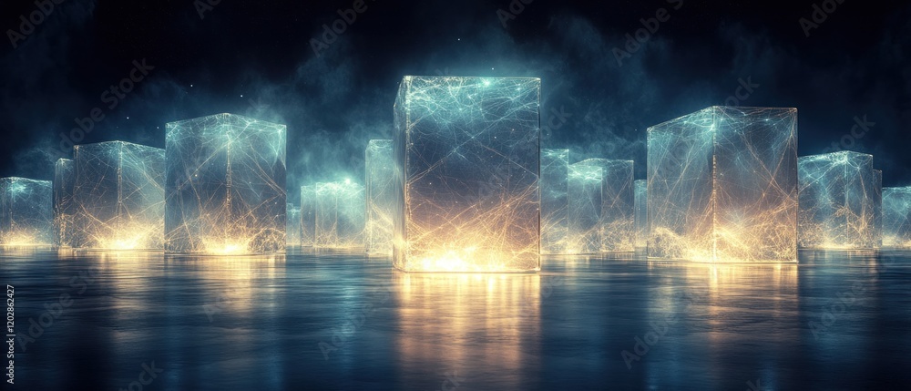 Aufkleber ethereal glowing ice cubes floating on a reflective surface in a misty environment