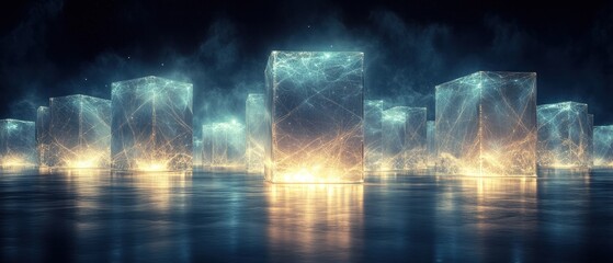 Ethereal glowing ice cubes floating on a reflective surface in a misty environment