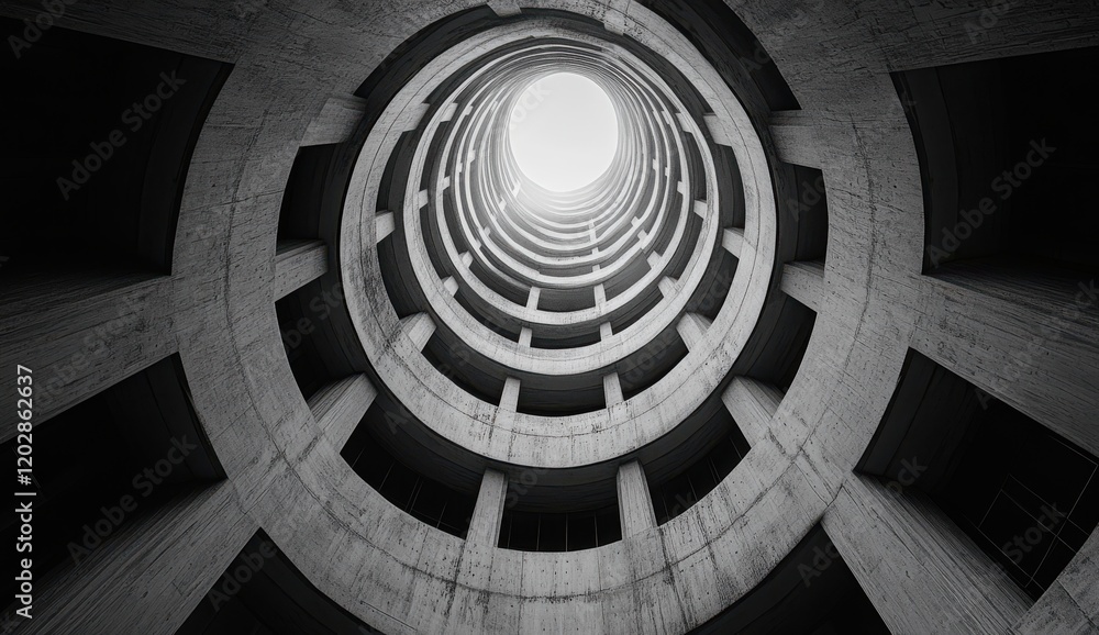 Poster abstract view of circular concrete structure highlighting symmetry and minimalism, capturing the ess