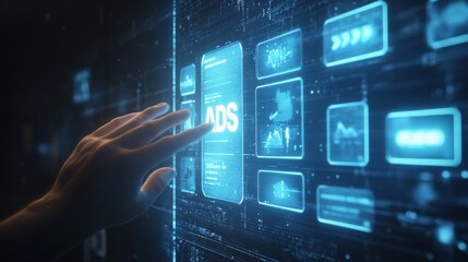 Obraz premium A hand reaching towards glowing blue holographic interface, futuristic digital advertising panel, floating transparent rectangles with ADS text, dark background, volumetric lighting, cyber