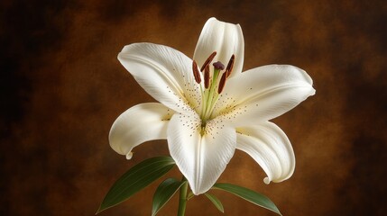 Fototapeta premium Elegant White Lily Against a Warm Brown Backdrop - Perfect for Floral Decor