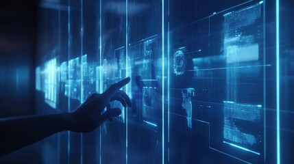 Floating digital interface panels, transparent glass effect, holographic advertising display, hand interaction gesture, deep blue ambient lighting, modern tech visualization, clean minimal design,
