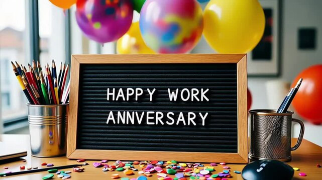 Celebratory Office Desk Decorated with Sign Happy Work Anniversary
