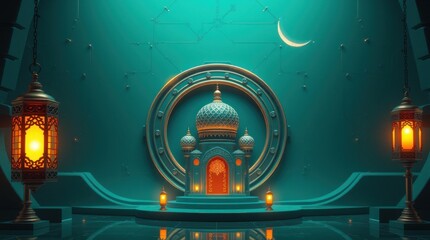 Ramadan Kareem. Ornamental Arabic lantern, metal moon, and mosque portal. Luxurious, vibrant, advanced technology and space elements are incorpora