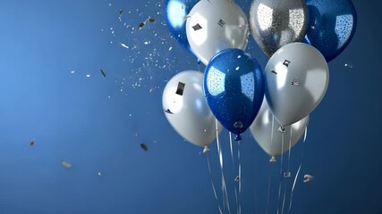 Colorful balloons burst with confetti in a festive celebration against a blue background - Powered by Adobe