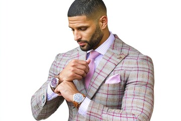 A well-dressed man in a stylish suit checks his watch, exuding confidence and sophistication.