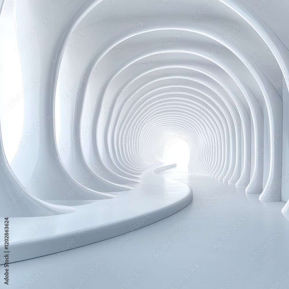 Poster abstract white tunnel with smooth curves and soft lighting leading to a bright light source, creatin