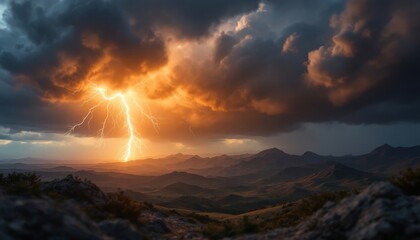 Dramatic Sunset Lightning Storm Over Mountain Range