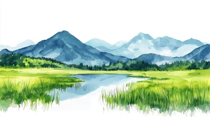 Serene mountain landscape painting tranquil wilderness watercolor art lush greenery aerial view nature's beauty