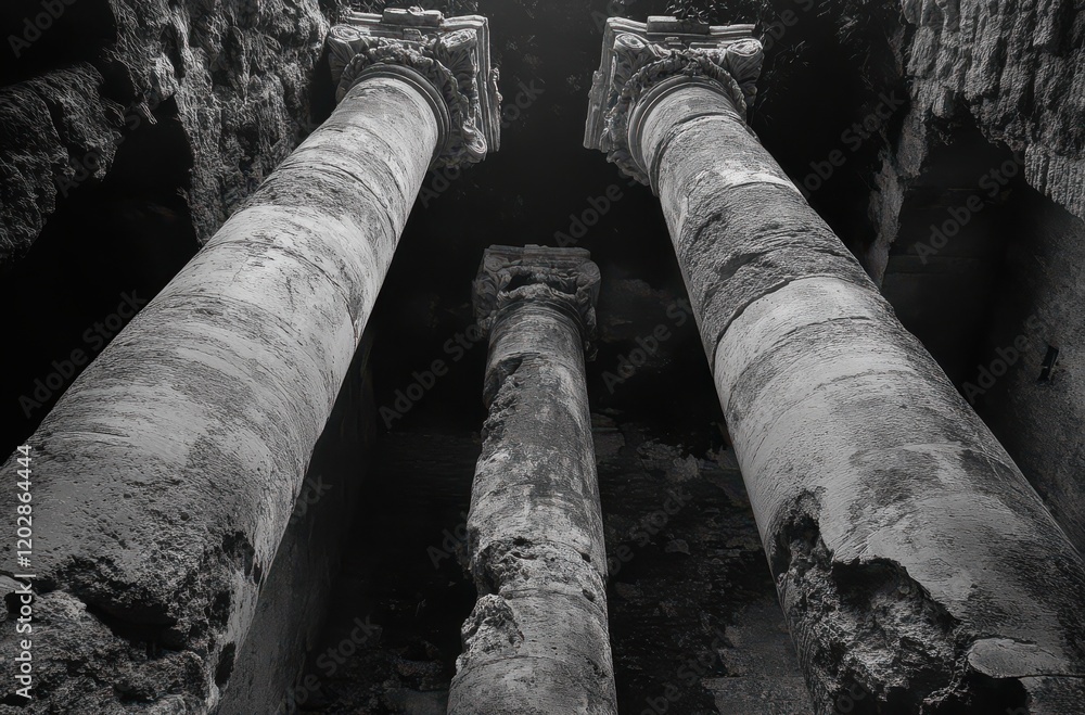 Poster ancient ruins of weathered columns surrounded by dark shadows in a mysterious setting evoking a sens