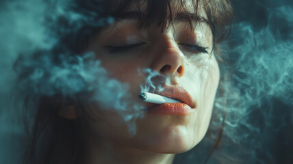 The Impact of Smoking and Tobacco-Related Issues Concept, Close up of woman smoking, surrounded by smoke, conveying sense of contemplation