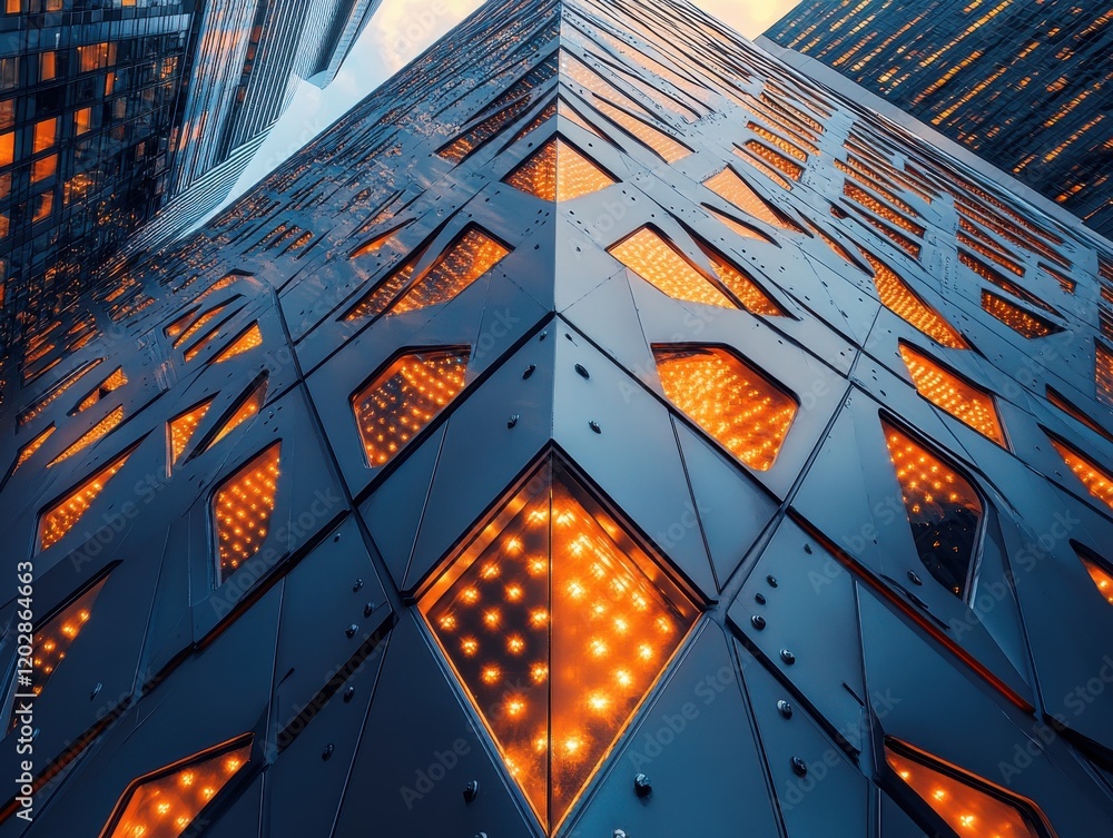 Poster architectural perspective of modern building with unique facade design and illuminated windows, capt