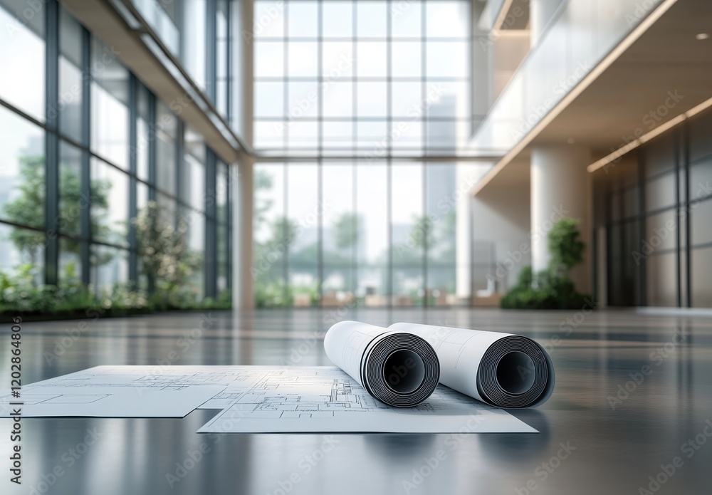 Poster architectural plans and blueprints on floor in modern building atrium with large windows and natural