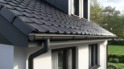 Black metal roof tiles and gutter on modern house with garden