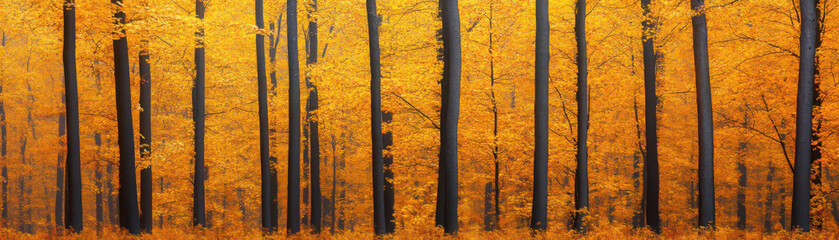 Vibrant autumn forest with golden leaves on tall trees.